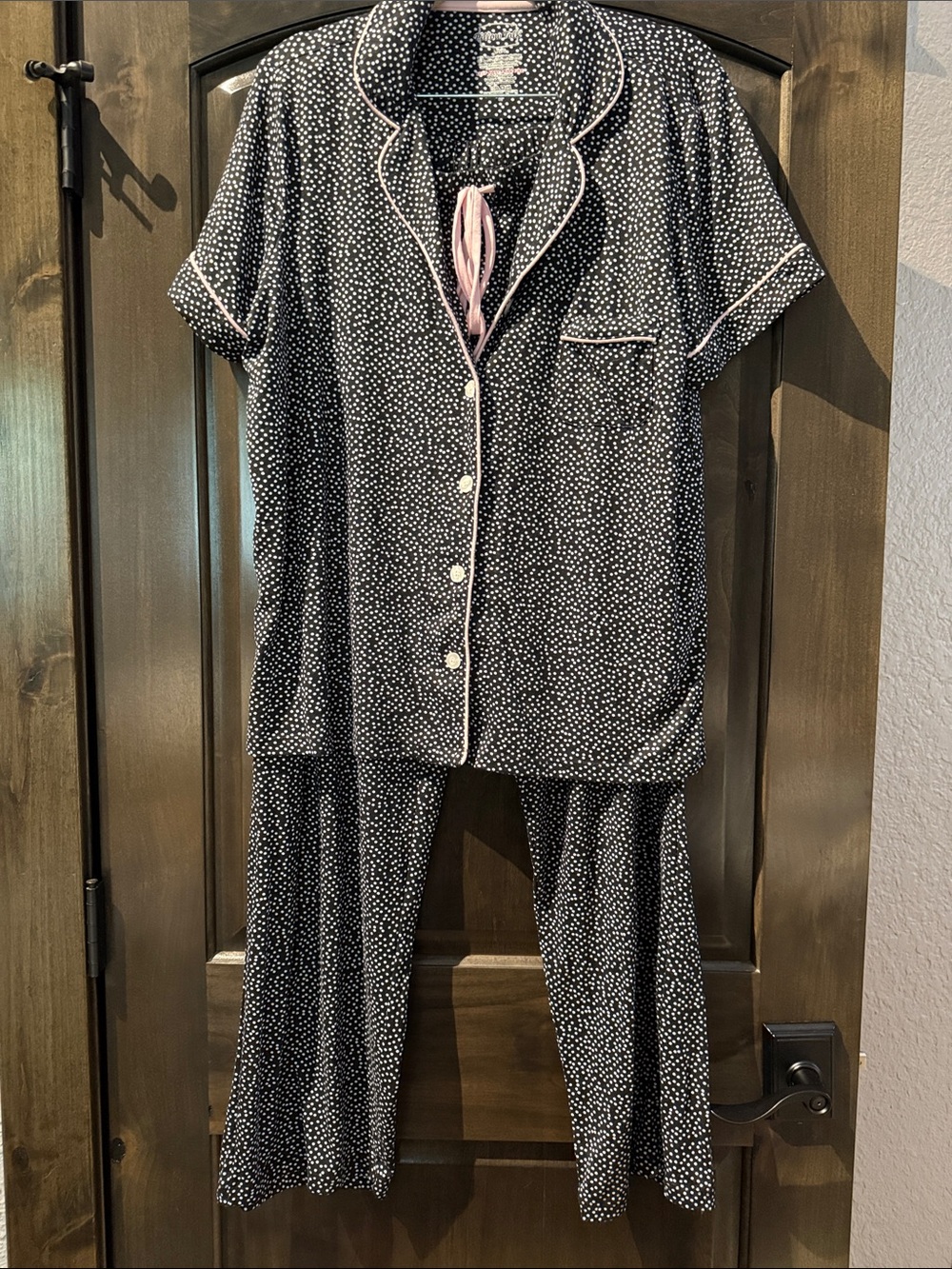 Women’s Black Polka Dot three-piece Pajama Set with Pink Trim